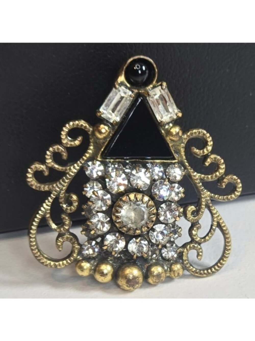 Vintage Mary DeMarco Gothic Revival Black Onyx Style Glass Statement Brooch - Picture 2 of 12